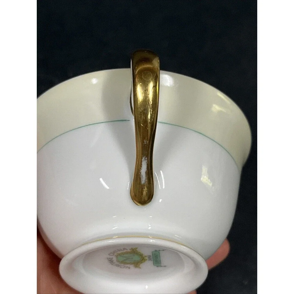 1930s Noritake Tiffany M Teacup Saucer Plate 4 Pc Set Gold Trim Ivory Aqua Beige